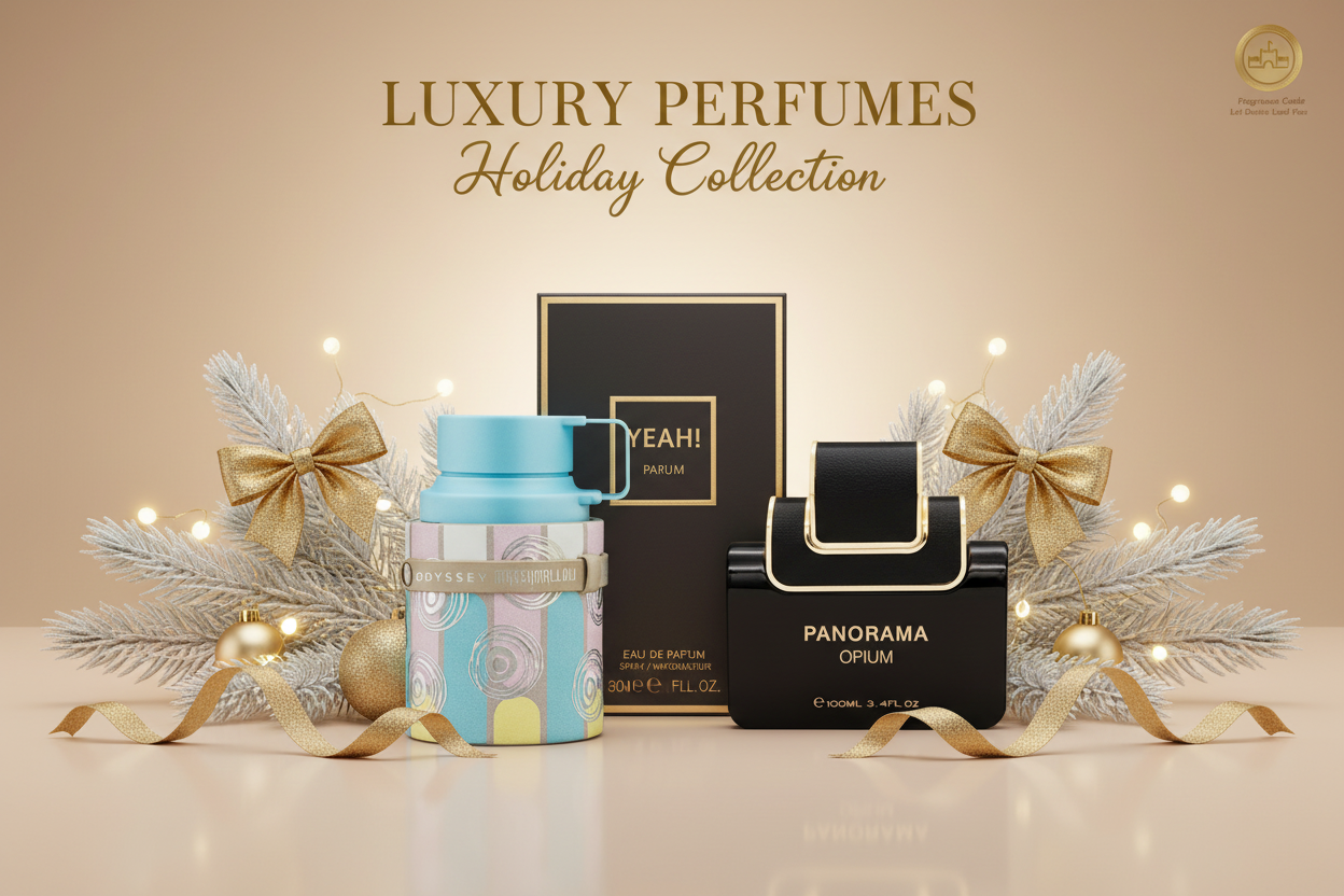 Banner navideño elegante con perfumes