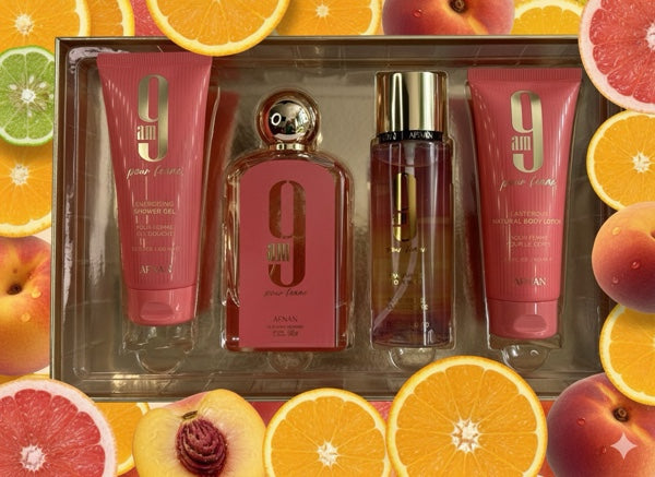AFNAN 9AM FEMME 4PC SET 3.4 EDP SPRAY / 3.4 S.GEL / 3.4 BL / 5.0 BODY MIST
